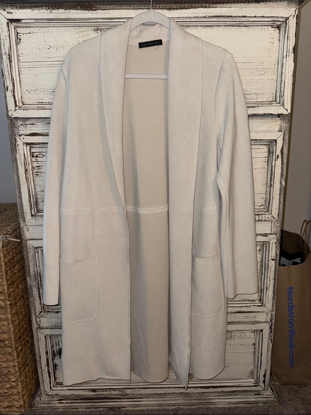 Joan Vass Cream Open-Front Faux Leather Long Cardigan